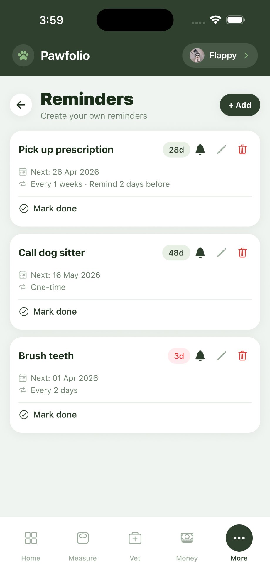 Reminders screen