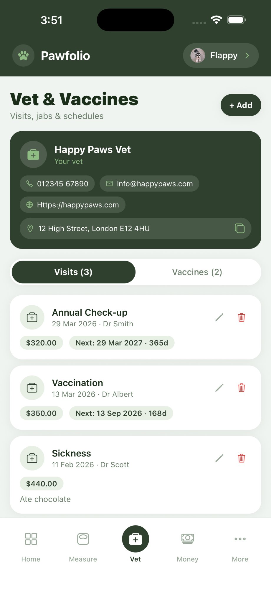 Vet visits screen
